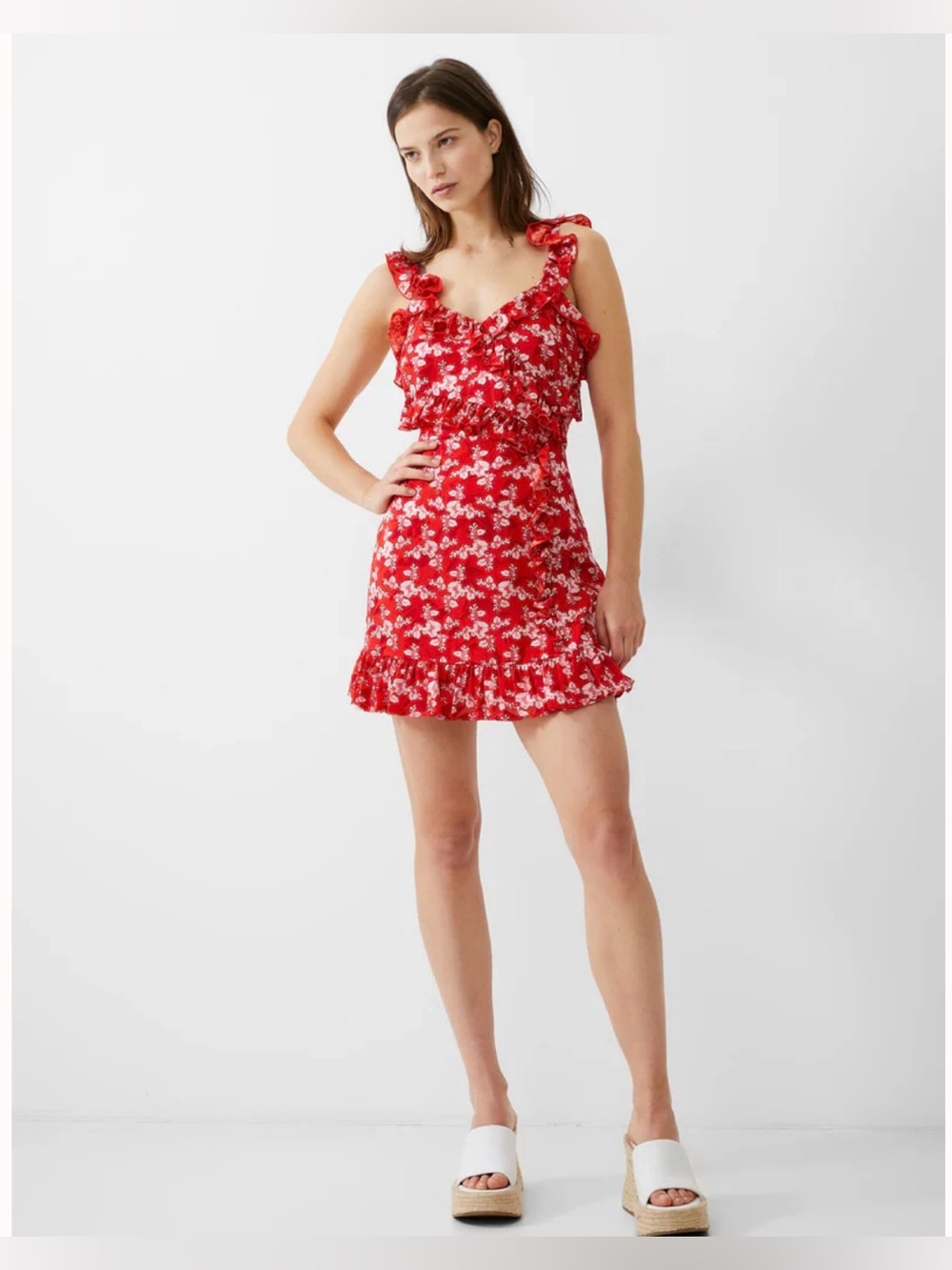 French Connection Red Floral Ruffle Slip Mini Dress